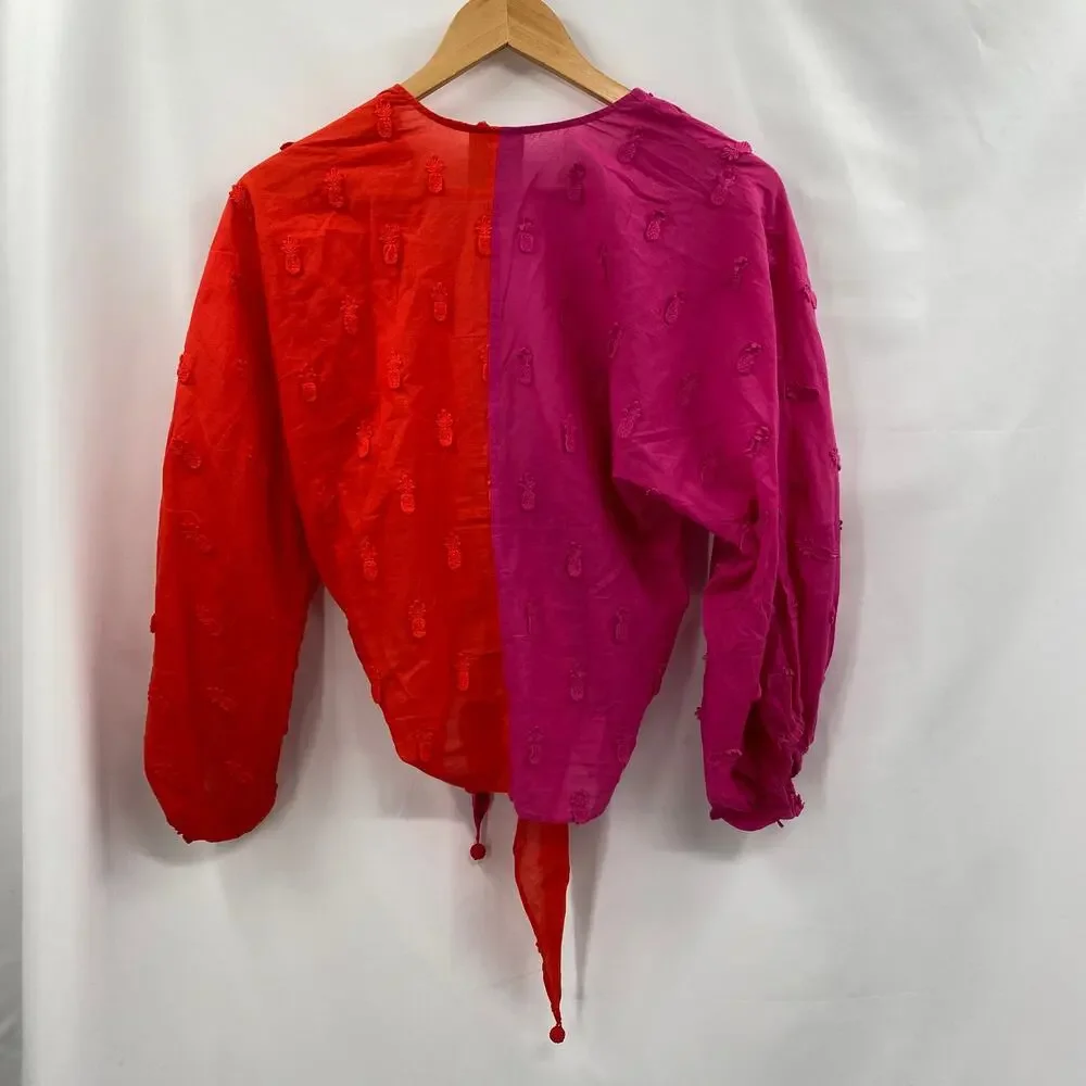 Farm Rio pink & red puff sleeve wrap blouse